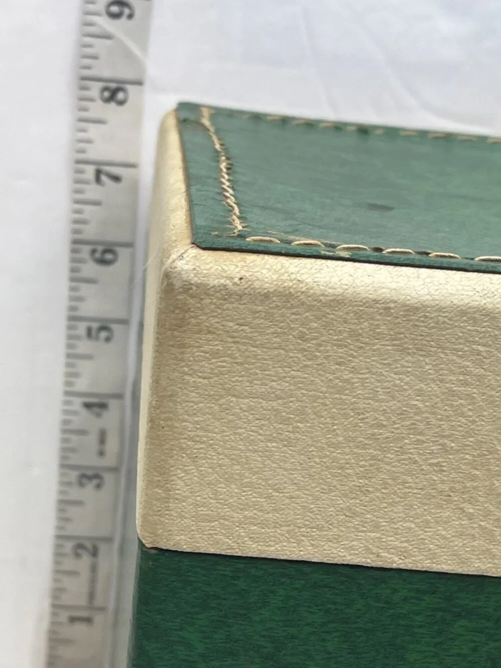 Vintage Green/Cream Storage Box W/Red Interior Handle & Locking Clasp 15